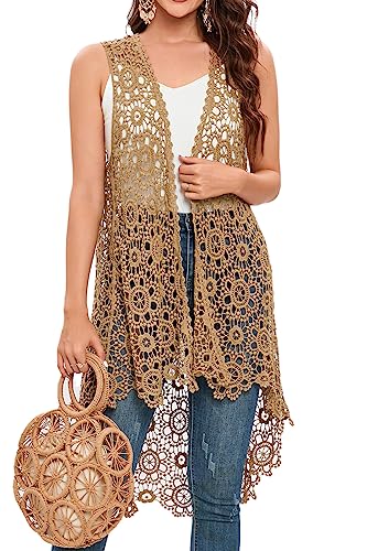 Women's Casual Long Crochet Vest Loose Fit Boho Lace Cover up High Low Sleeveless Cardigan (Khaki)