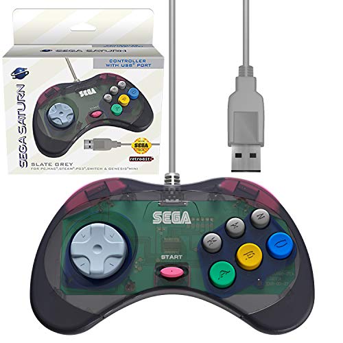 Retro-Bit Official Sega Saturn USB Controller Pad (Model 2) for Sega Genesis Mini, PS3, PC, Mac, Steam, Switch - USB Port (Slate Gray)
