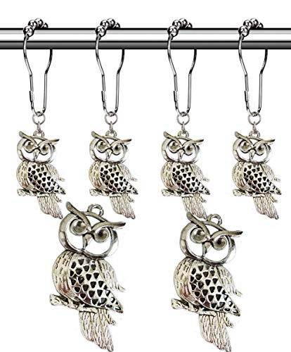 Aimoye Country Shower Curtain Hooks - Rust Proof Brushed Nickel Rings with Owl Pendant Accessories Set - Decorative Metal Shower Curtain Hooks and Rings for Bathroom Shower Curtain Rods, Set of 12