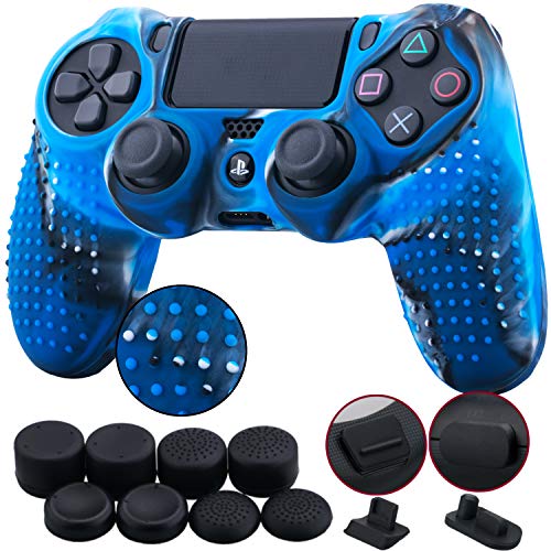 9CDeer 1 Piece of Silicone Studded Dots Protective Sleeve Case Cover Skin + 8 Thumb Grips Analog Caps + 2 dust Proof Plugs for PS4/Slim/Pro Controller, Camouflage Blue