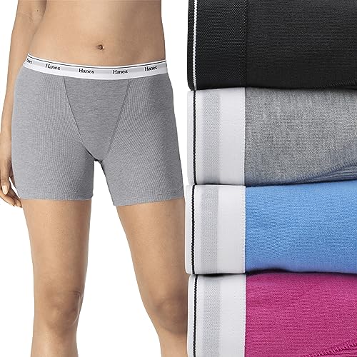Hanes Women's Mid-Thigh Boxer Brief Pack, Stretch Cotton Underwear, 4-Pack, Fashion Color Mix, X-Large