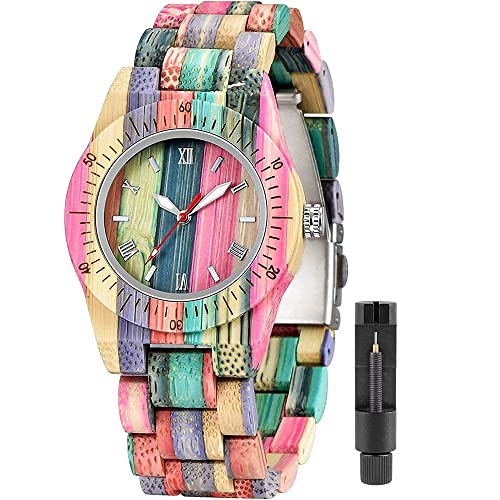 Tiong Lightweight Women's Wooden Watch with Full Wood Strap Quartz Analog Classic Design Colorful Bamboo Ladies Watch, Couple Watch