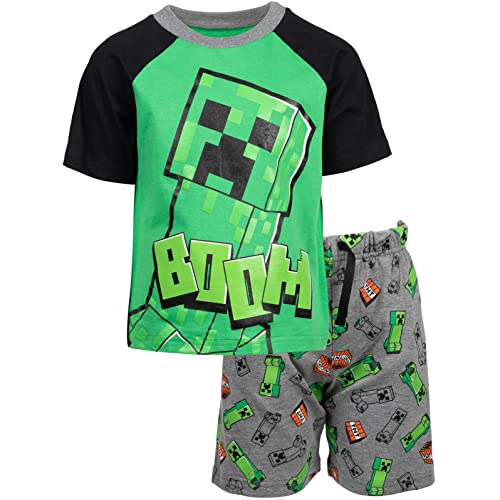 Minecraft Creeper Big Boys T-Shirt and French Terry Shorts Outfit Set Green/Grey 10-12