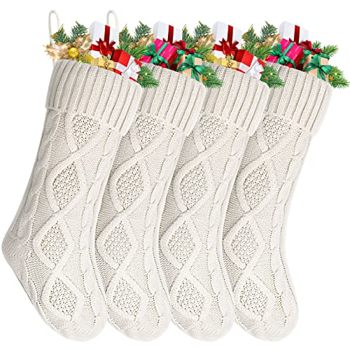 Nelyeqwo Christmas Stockings Large 18 Inches Christmas Stockings White Cable Knitted Xmas Stockings Classic Christmas Decorations for Family Holiday Party Ivory 4 Pack