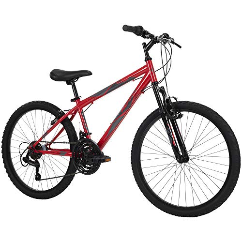 Huffy Stone Mountain Boys 24 Inch Mountain Bike, Red Gloss Frame, 21-Speed Shimano Twist Shifting, Front Suspension, Comfort Saddle | 20'/24'/26' Sizes, 6-21 Speeds, Dual Suspension Available |