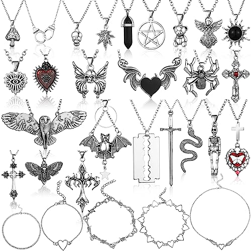 Bonuci 30 Pieces Grunge Necklace Set Goth Cross Necklace Y2k Necklace Punk Rock Vintage Harajuku Gothic Feather Chain Choker Necklace Jewelry Costume Accessories (Stylish Style)