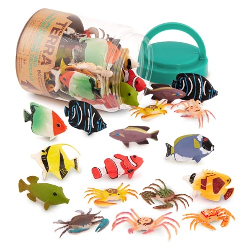 Terra by Battat – Toy Tropical Fish & Crabs – 60 Mini Figures in 12 Realistic Designs – Tropical Sea Animals in Storage Tube – Realistic Figurines for Sensory Bin – Tropical Fish World – 3 Years +