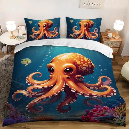 AILONEN 3D Ocean Octopus Duvet Cover Set Queen Size, Kawaii Sea Animal Bedding Set for Kids Boys Girls,Coral Reef Theme Comforter Cover,1 Quilt Cover and 2 Pillowcases,3PCS