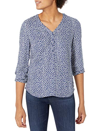 Amazon Essentials Women's 3/4 Sleeve Button Popover Shirt, Dark Blue White Petal, Large