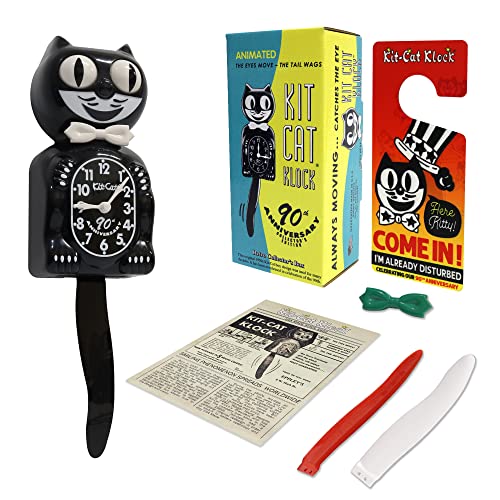 Kit Cat Klock The Original 90th Anniversary Limited Edition with Collectors Box, Black Kit Cat Wall Clock with White Bow Tie, Pendulum Tail and Moving Eyes, Ideal as a Vintage Home Decoration