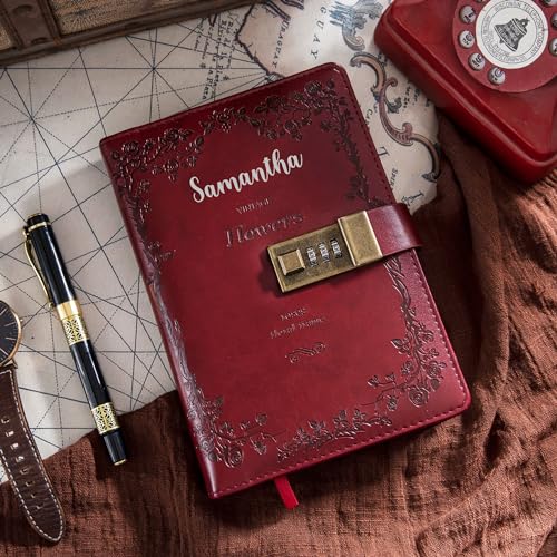 Personalized Diary with Lock, Lockable Secrets Journal, Vintage Journal with Lock for Women, Embossed Design Cover, 240 Pages Thick Refillable Locked Diary, 5.5 x 7.9 Inch Locking Notebook for Adults Women and Teens (Wine Red Diary With Name)