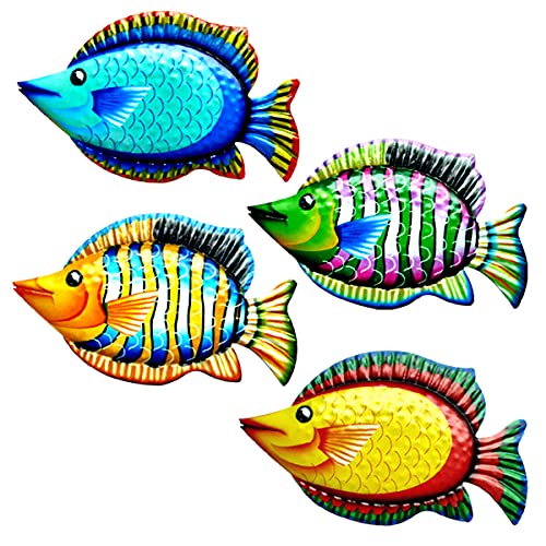 HHgrowe 11.8 Inches Hand-Painted Metal Fish Art Wall Decor Coastal Ocean Sea Hanging Decorations Garden Pool Decor Set of 4 Colorful Outdoor or Indoor Wall Sculptures …