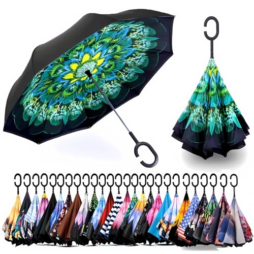 SIEPASA Spar. Saa Double Layer Inverted Umbrella with C-Shaped Handle, Anti-UV Waterproof Windproof Straight Umbrella for Car Rain Outdoor Use