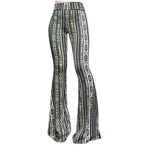 ShopMyTrend SMT Women's High Waist Wide Leg Long Bell Bottom Yoga Pants Large Arrows Tribe Olive