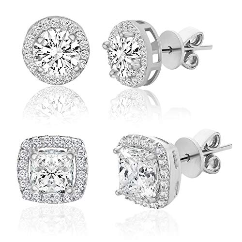 Lesa Michele Rhodium Plated 925 Sterling Silver Cushion & Round Shaped Cubic Zirconia Halo Stud Earrings for Women 2 Pair Earring Set White
