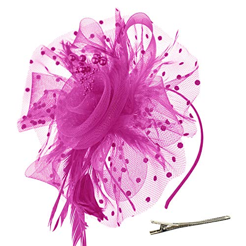 DRESHOW Fascinators Hat Flower Mesh Ribbons Feathers on a Headband and a Clip Tea Party Headwear for Girls and Women