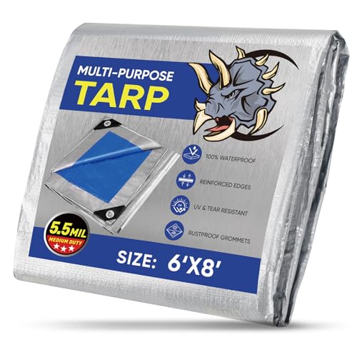 TICONN Heavy Duty Tarp Cover, Extra Thick Tarps Waterproof Tear and Rip Proof UV Resistant Tarpaulin with Reinforced Grommets and Edges (5.5 Mil, 6'x8')