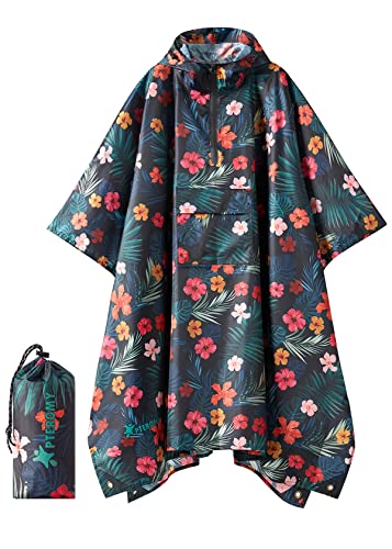 PTEROMY Hooded Rain Poncho for Adult with Pocket, Waterproof Lightweight Unisex Raincoat for Hiking Camping Emergency (Blossom Season 1/4 Zipper)