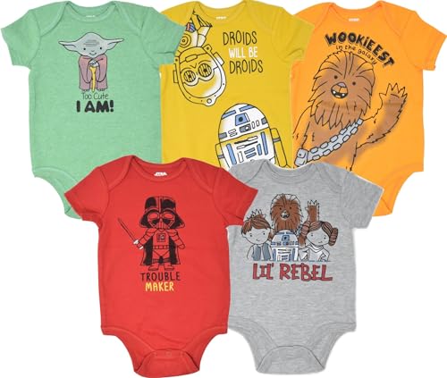 STAR WARS Baby Boys 5 Pack Bodysuits Princess Leia Yoda Han Solo R2D2 C3PO 6-9 Months