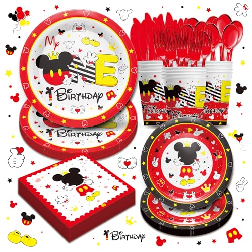 Piooluialy Mickey Themed Mouse 1st Birthday Party Supplies - Mickey First Birthday Party Decorations Include Dinner Plates, Cups, Napkins, Dinnerware, Mickey 1st Birthday Party Supplies | Serves 24