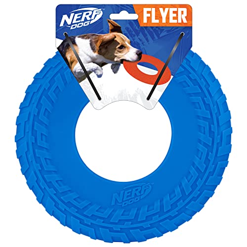 Nerf Dog Rubber Tire Flyer Dog Toy, Flying Disc, Lightweight, Durable, Floats in Water, Great for Beach and Pool, 10 Inch Diameter, for Medium/Large Breeds, Single Unit, Blue, Original