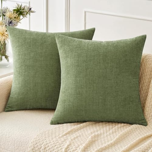 MIULEE Pack of 2 Couch Throw Pillow Covers 18x18 Inch Soft Sage Green Spring Chenille Pillow Covers for Sofa Living Room Solid Dyed Pillow Cases