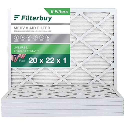 Filterbuy 20x22x1 Air Filter MERV 8 Dust Defense (6-Pack), Pleated HVAC AC Furnace Air Filters Replacement (Actual Size: 19.50 x 21.50 x 0.75 Inches)