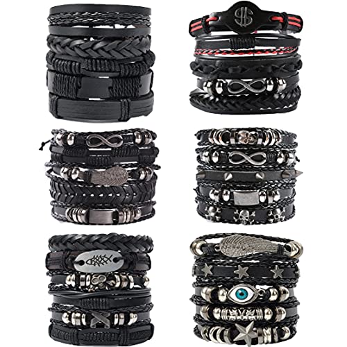 WAINIS 6 Pack Mens Black Leather Bracelets Set for Men Stackable Braided Cuff Bracelet Tribal Punk Rock Handmade Wristband