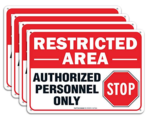 (4 pack) Restricted Area Sign Authorized Personnel Only, Do Not Enter Sign, 10 x 7 Inches .40 Rust Free Aluminum, UV Protected, Weather Resistant, Waterproof, Durable Ink，Easy To Mount