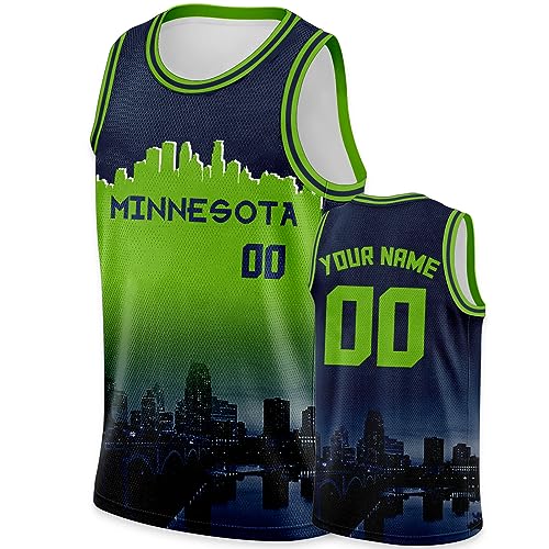 Custom Basketball Jersey City Night Skyline Shirt Team Uniform for Fans Men Youth Gifts Personalized Name and Number Blue-Green