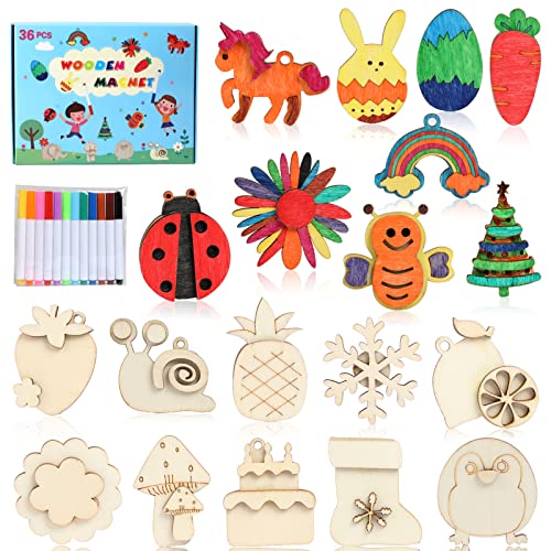 Worgree DIY Wooden Magnets, 36 pcs Wooden Art Craft Supplies Painting Kit for Kids Party Favors for Boys Girls Ages 4-8 8-12 Birthday Easter Crafts Gifts Toys Basket Goodie Bag Stuffers