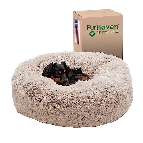 Furhaven 30' Round Calming Donut Dog Bed for Medium/Small Dogs, Refillable w/ Removable Washable Cover, For Dogs Up to 45 lbs - Shaggy Plush Long Faux Fur Donut Bed - Taupe, Medium