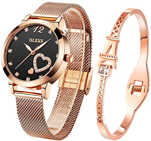 OLEVS Watch for Women Gifts Set Rose Gold and Eiffel Tower Bracelet Set Minimalist Slim Casual Dress Analog Quartz Wrist Watches for Lady Waterproof with Heart Love Shape Diamonds Black Dial Two Tone