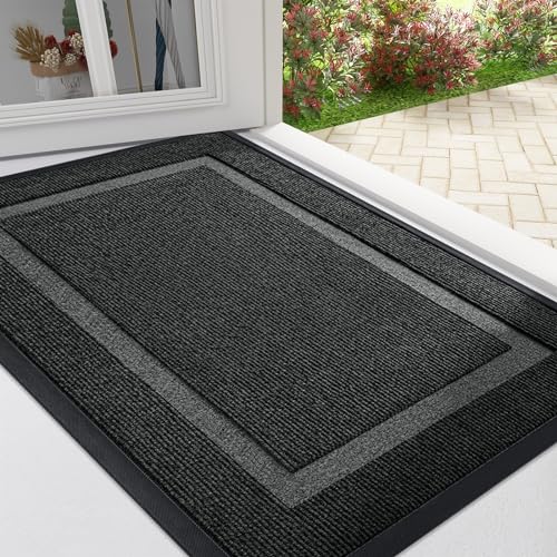 OLANLY Front Door Mat Indoor Outdoor Entrance, Waterproof All-Season, All-Weather Doormat, Sturdy Natural Rubber, Fade Resistant, Low Profile, Easy Clean Patio Porch Entryway Mat, 29.5x17, Black