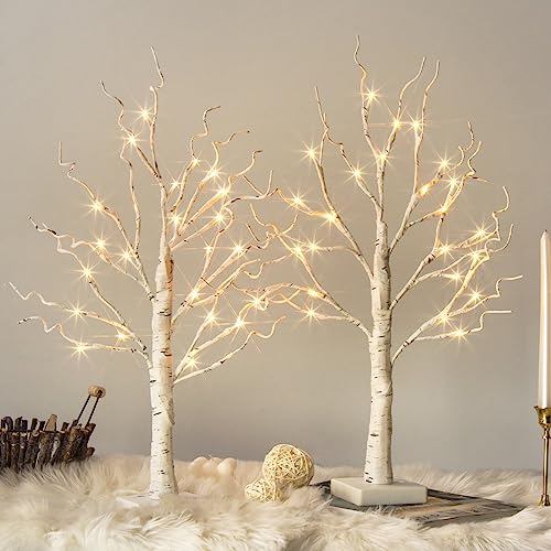 Vanthylit White Birch Tree with LED Lights - Set of 2, LED Tabletop Tree with Timer, Christmas Decorations Lighted Tree for Indoor Mantel Home Decor (2FT, 24LED)