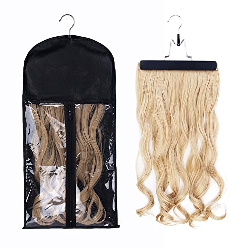 Hair Extensions Hanger with Storage Bag Hairpieces Storage Holder Wigs Carrier Case for Store Style Hair Black Color