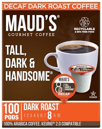 Maud's Decaf Dark Roast Coffee Pods, 100 ct | Decaffeinated Tall, Dark & Handsome Blend | 100% Arabica Dark Roast Coffee | Solar Energy Produced Recyclable Pods Compatible with Keurig K Cups Maker