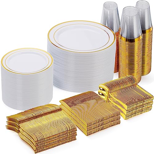 Goodluck 600 Pieces Gold Disposable Plates for 100 Guests, Plastic Plates for Party, Dinnerware Set of 100 Dinner Plates, 100 Salad Plates, 100 Spoons, 100 Forks, 100 Knives, 100 Cups