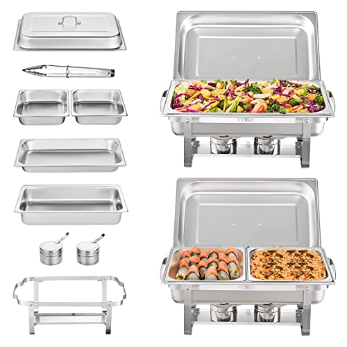 VEVOR Chafing Dish Buffet Set, 8 Qt 2 Pack, Stainless Chafer w/ 2 Full & 4 Half Size Pans, Rectangle Catering Warmer Server w/Lid Water Pan Folding Stand Fuel Tray Holder Clip, at Least 8 People Each