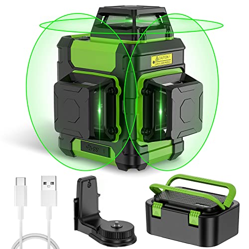 Huepar Laser Level Self Leveling 3x360 3D Cross Line Laser Green Beam Three Plane Leveling Alignment Laser Tool with Pulse Mode, Rechargeable Li-ion Battery, Portable Hard Carry Case Included -HM03CG