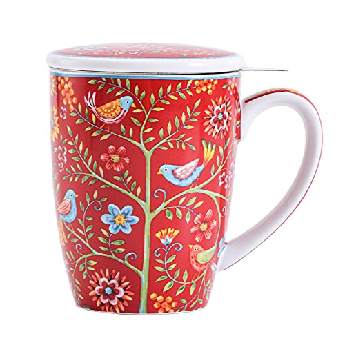 Bico Red Spring Bird 12oz Porcelain Tea Mug with Infuser and Lid, Microwave & Dishwasher Safe