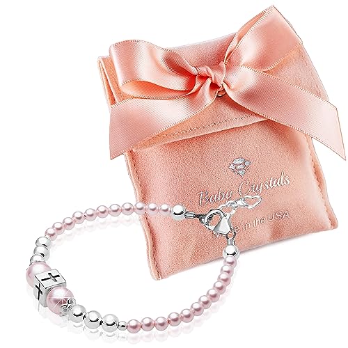 Baby Crystals Delicate Baptism Pearl Bracelet for Girls, Sterling Silver Cross Charm Baptism Gifts for Girl with Pink simulated Pearls from Swarovski, Girls Jewelry