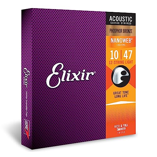 Elixir Strings - Acoustic Phosphor Bronze with NANOWEB Coating - Elixir Acoustic Guitar Strings - 12-String Light (.010-.047)