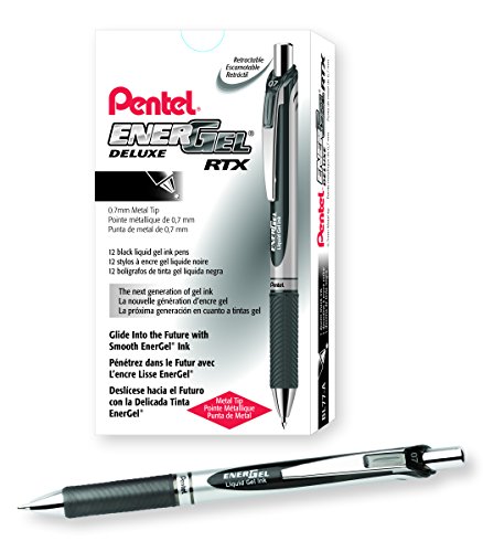 Pentel EnerGel Retractable Liquid Gel Pens, Medium Point, 0.7 mm, Silver Barrel, Black Ink, Pack Of 12
