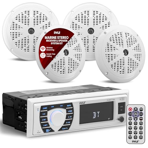 Pyle Marine Radio Receiver Speaker Set 12v Single Din Style Bluetooth Compatible Waterproof Digital Boat In Dash Console System with Mic 4 Speakers, Remote Control, Wiring Harness PLMRKT38W (White)