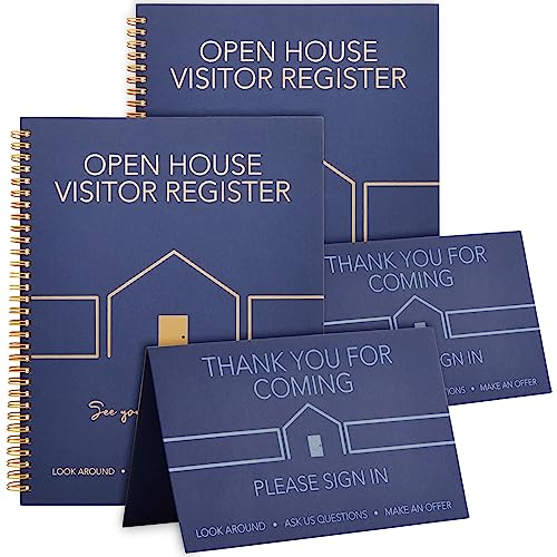 Juvale 2 Pack Sign in Book for Open House Visitors, Guest Registry with 2 Pack Realtor Tent Cards for Real Estate Agent Supplies, Home Sale Business (Navy Blue, 8.5x11)