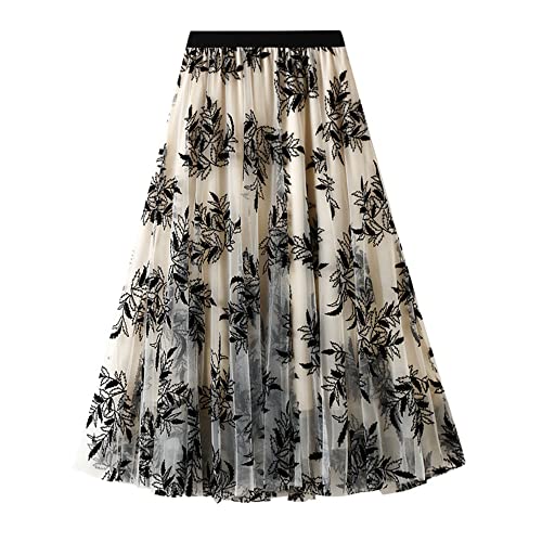 Dirholl Women's A-Line Fairy Elastic Waist Tulle Midi Skirt Foliage Apricot