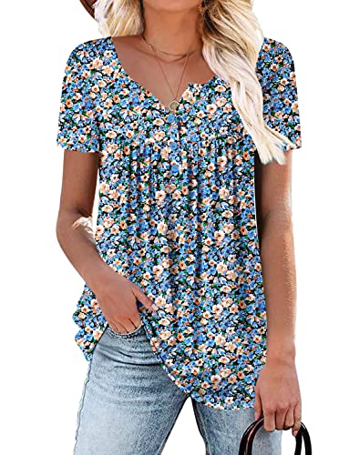 ROSELINLIN Short Sleeve Summer Shirts for Women Blue Flower Print Scoop Henley Neck Blouse Ladies Ruffle Hem Shirts L