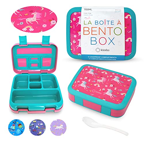 Unicorn Bento Lunch Box for Girls Toddlers, 5 Portion Control Sections, BPA Free Removable Plastic Tray, Pre-School Kid Toddler Girl Daycare Lunches, Snack Container Ages 3 to 7 Pink