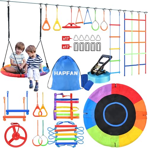 Hapfan 50ft Ninja Warrior Obstacle Course for Kids with Swing, Weather-Proof Ninja Rope Course for Kids Outside with 10 Accessorries, Outdoor Playset Backyard with Monkey Bars